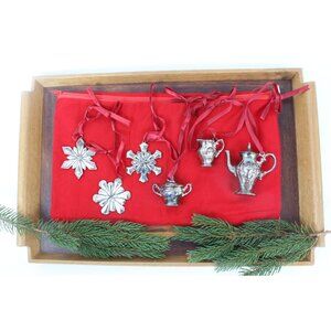 Gorham Ornament Set Silverplate Snowflakes Mini Pitcher Teapot Trio Storage Bag